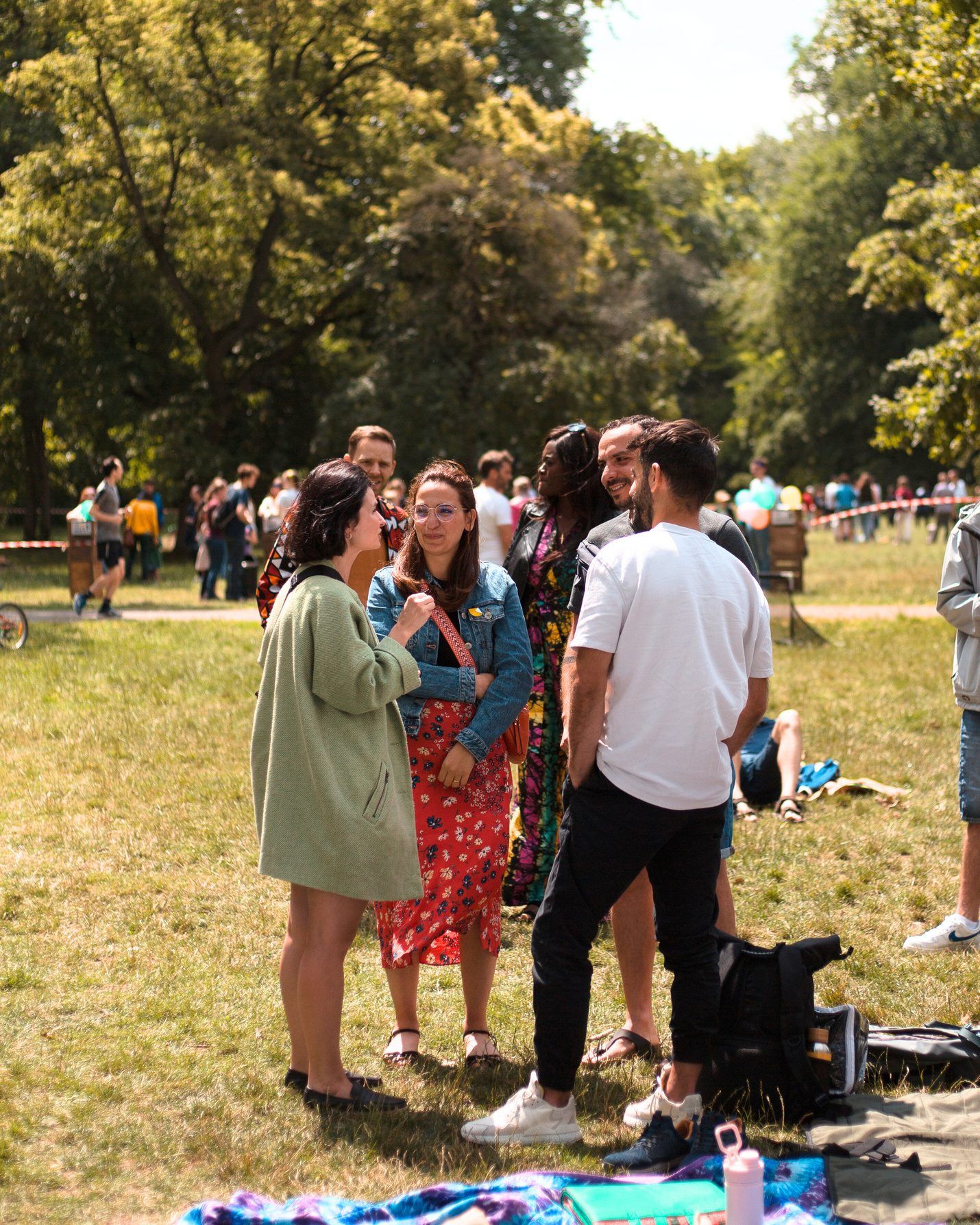 A group of people standing on a meadow in a park in summer, talking to each other