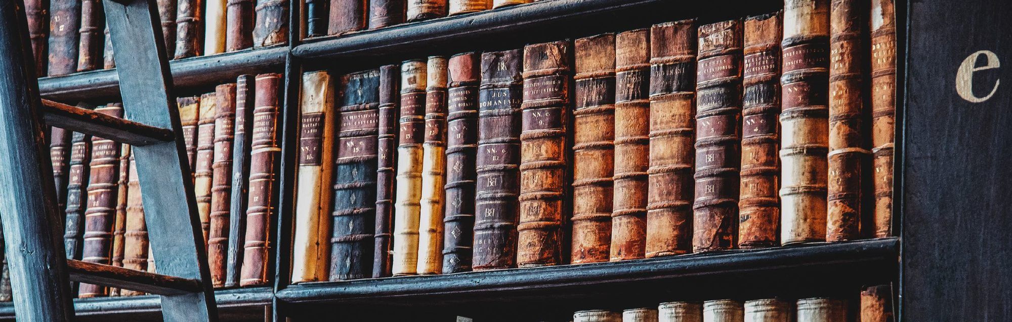 Shelf of old leather-bound books with a wooden ladder in a library
