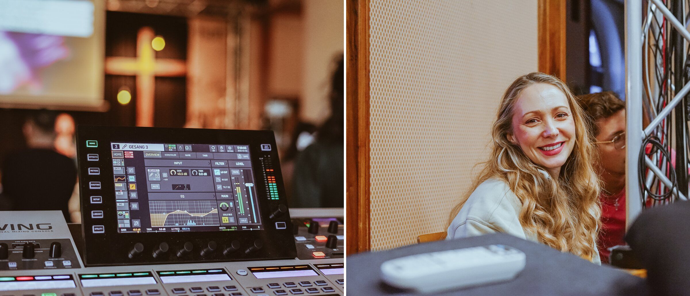 Left, a digital mixing desk during the service; right, a woman smiling warmly into the camera